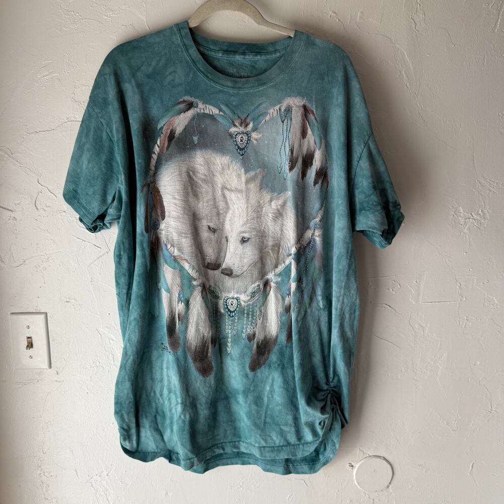 The Mountain XL Wolf Native Tribal Feather‎ Teal Dream Catcher Oversized T Shirt